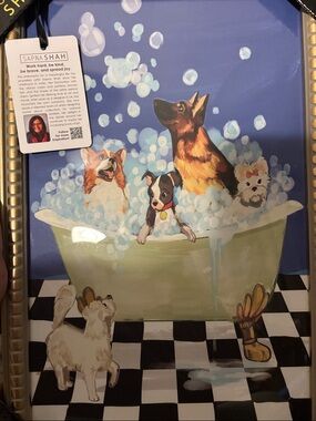 Sapna Shah Dog Bubble Bath Art Print - Blue Background